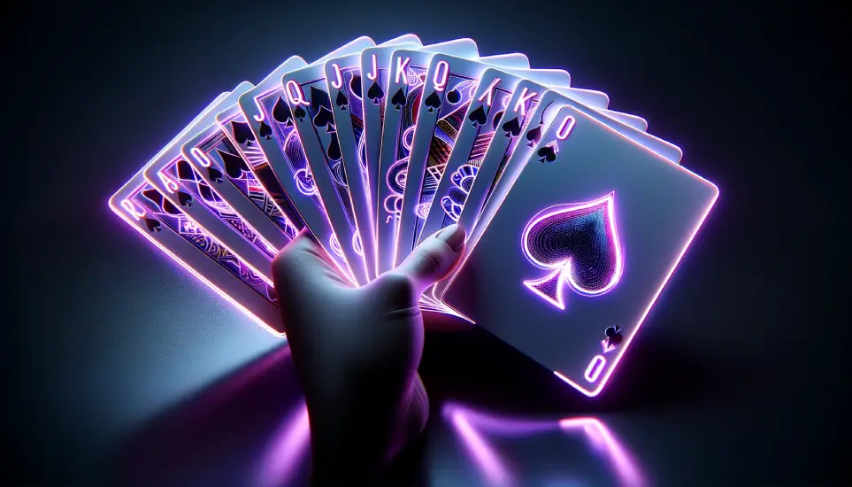 DALL·E 2024-03-25 15.24.52 - A hand of playing cards fanned out on a dark background. The cards are 10, Jack, Queen, King, and Ace of spades, with a glowing neon outline in purple (1)